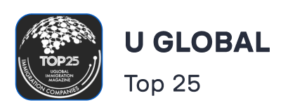 U Global Top 25 Immigration Companies award badge with a globe and connected dots graphic.