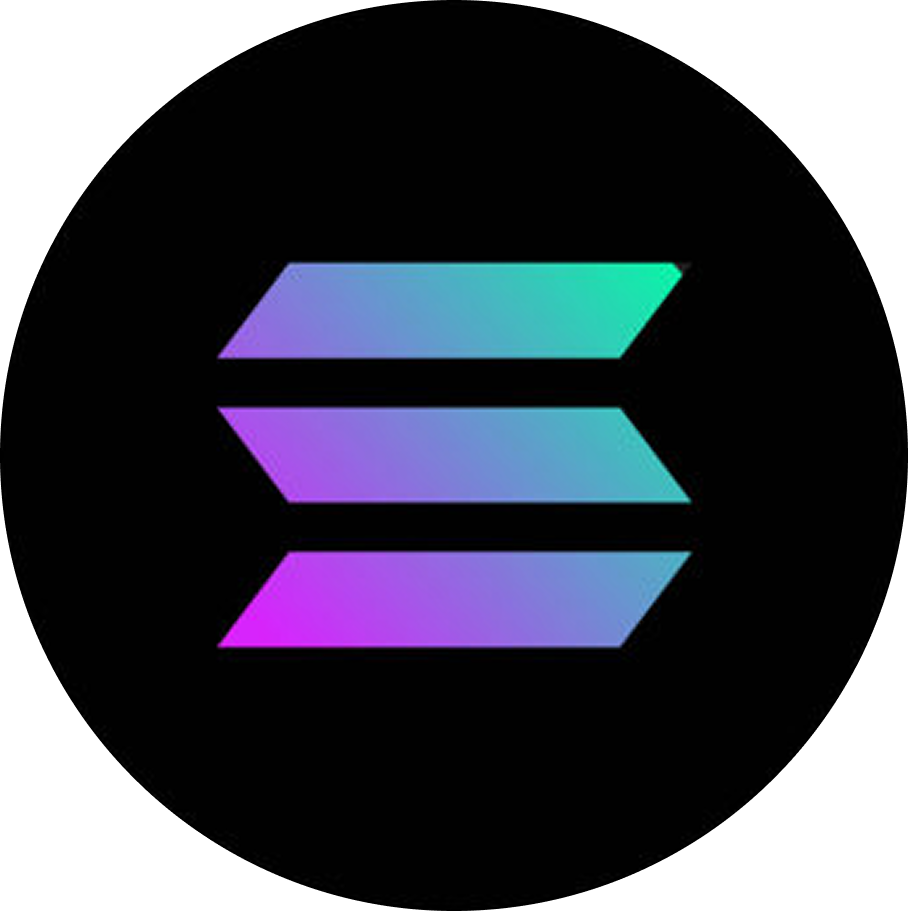 Solana cryptocurrency logo with three horizontal gradient bars in blue, green, and purple on a black circular background.