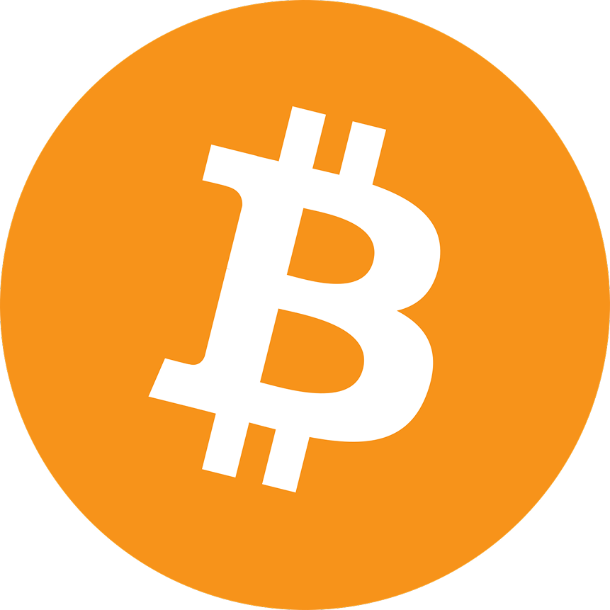 White Bitcoin symbol tilted on an orange circular background.