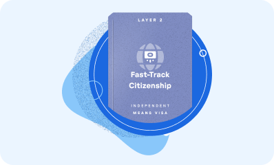 Book titled 'Fast-Track Citizenship' with subtitle 'Independent Means Visa' and labeled Layer 2.