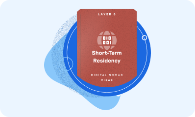 Red book titled 'Short-Term Residency' with subtitle 'Digital Nomad Visas' and header 'Layer 6' on a blue circular background.