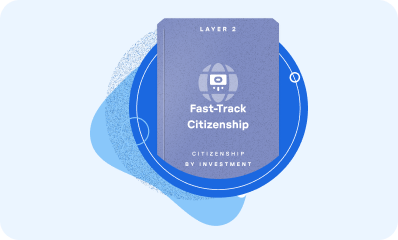 Illustration of a blue passport labeled 'Fast-Track Citizenship' with 'Citizenship by Investment' below, set against abstract blue shapes.
