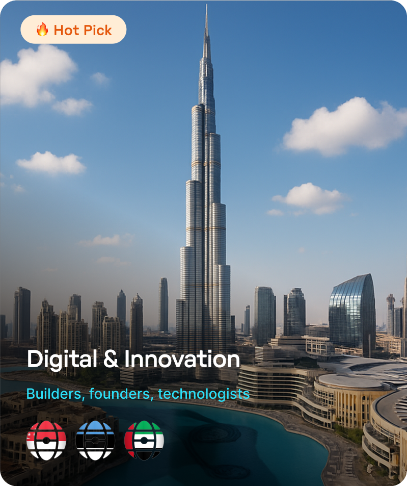 Burj Khalifa skyscraper in Dubai with clear blue sky and modern buildings, labeled as a Hot Pick for Digital & Innovation.