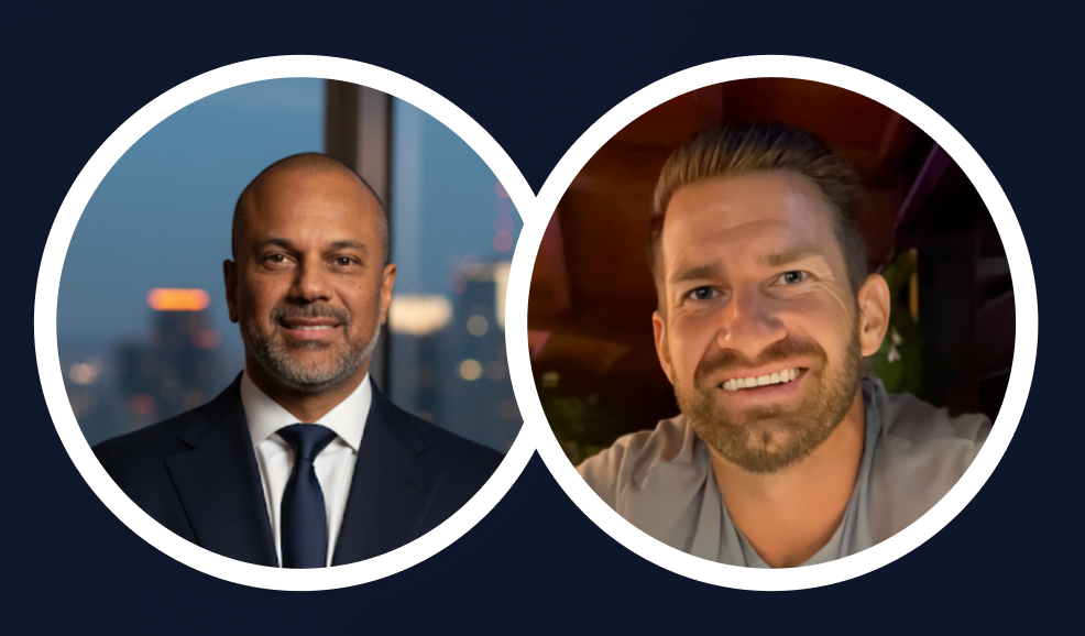 Two smiling men in circular frames, one in a suit and tie with a cityscape background, and the other casually dressed with a blurred indoor background.
