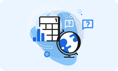Illustration of a tax form with charts and a globe, accompanied by question mark icons indicating inquiries about income tax return.