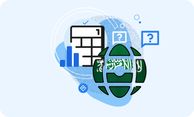 Illustration of a tax form, bar chart, and a globe with the Saudi Arabian flag, surrounded by question marks on a light blue background.