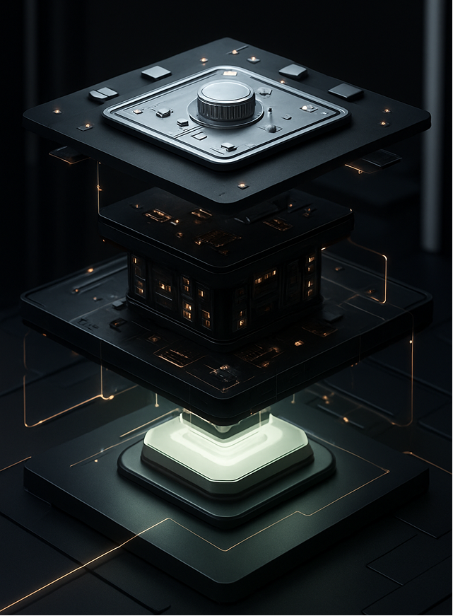 Abstract 3D layered structure with illuminated elements and circuit-like design on dark background.