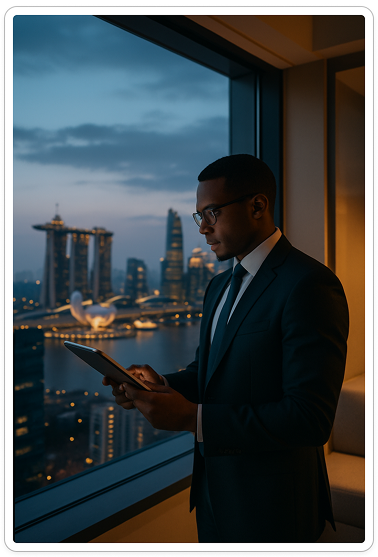 Man in suit and glasses using a tablet by a large window overlooking a cityscape at dusk with illuminated buildings and waterfront.