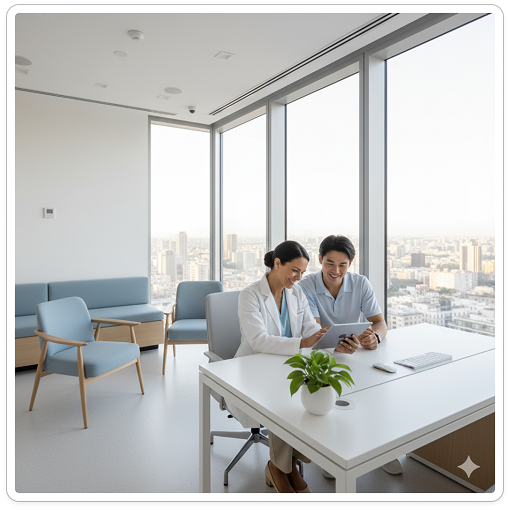 Two medical professionals, a woman and a man, reviewing information on a tablet in a bright office with large windows overlooking a cityscape.