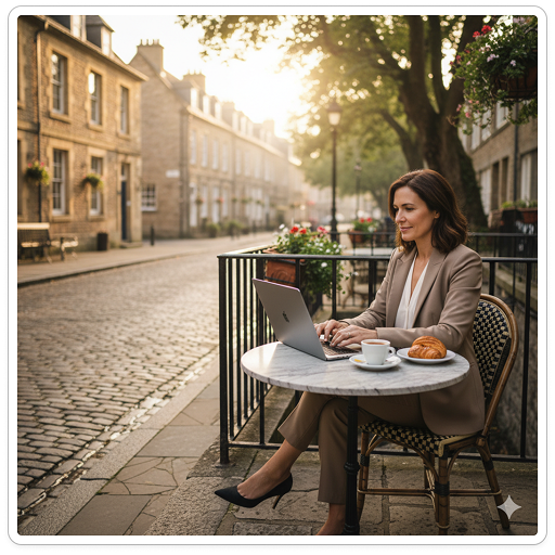 Woman in a brown suit sitting at an outdoor café table typing on a laptop with a coffee cup and croissant beside her on a cobblestone street.