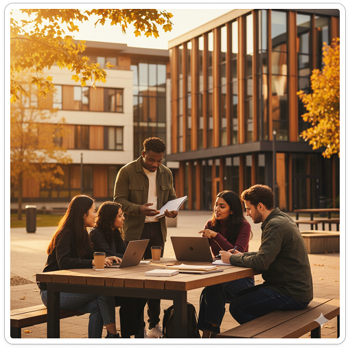 Five students collaborating outdoors on a wooden picnic table with laptops and notebooks, autumn leaves and modern campus buildings in the background.