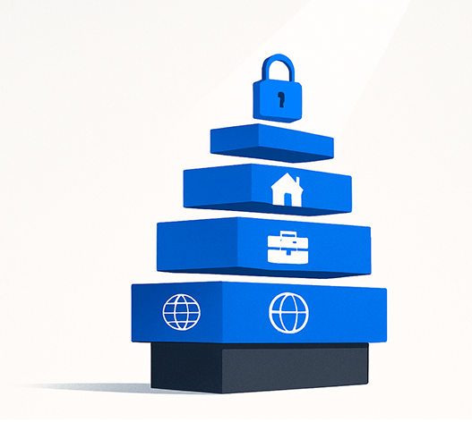 Stacked blue blocks with icons of a globe, briefcase, house, and a lock on top against a white background.