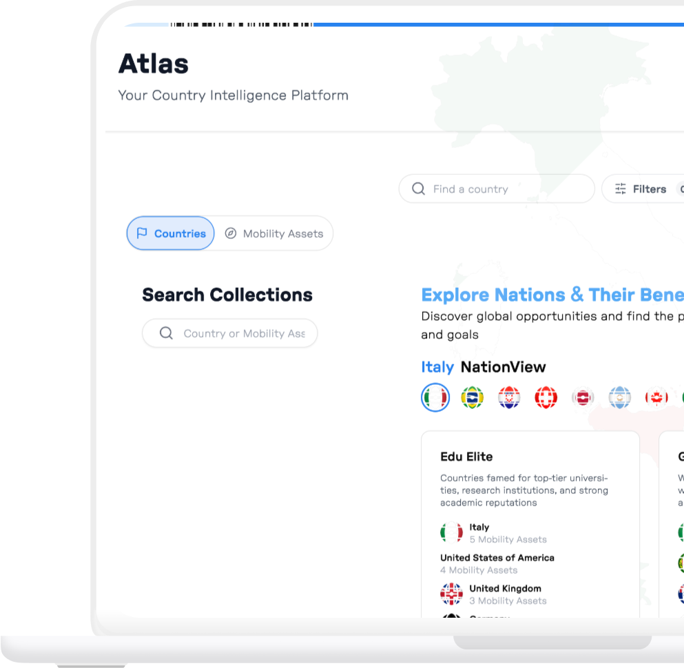 Partial screenshot of 'Atlas Your Country Intelligence Platform' with search and filter options and an Edu Elite section listing countries known for top-tier universities and research institutions.