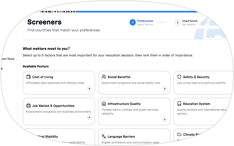 Screener interface showing relocation preference factors like Cost of Living, Social Benefits, Safety & Security, Job Market, Infrastructure, and Education System.