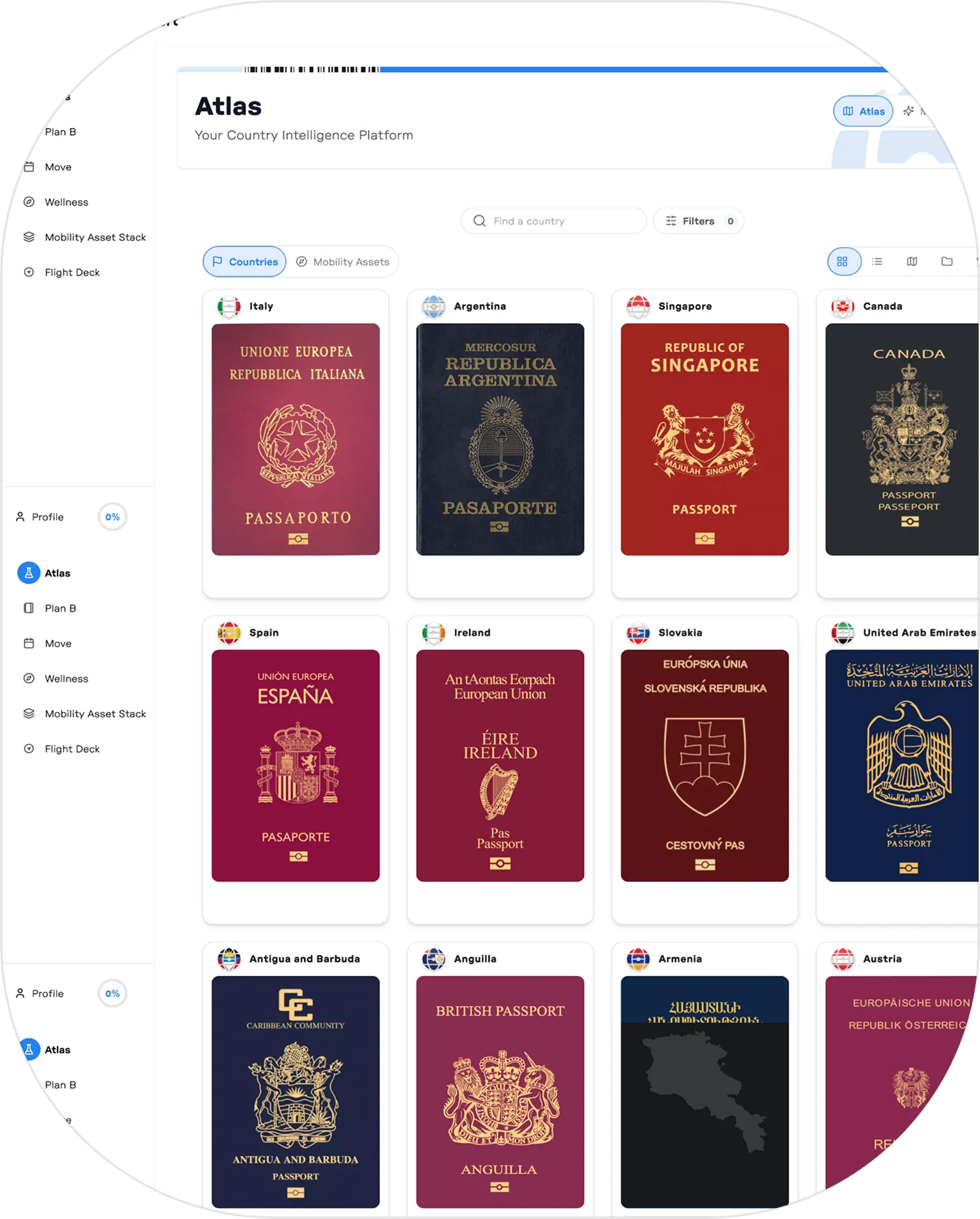 Digital platform interface showing thumbnails of passports from various countries including Italy, Argentina, Singapore, Canada, Spain, Ireland, Slovakia, United Arab Emirates, Antigua and Barbuda, Anguilla, Armenia, and Austria.