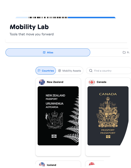 Screenshot of a Mobility Lab web page showing two passport covers: New Zealand's black passport with silver fern and coat of arms, and Canada's dark passport with gold coat of arms.