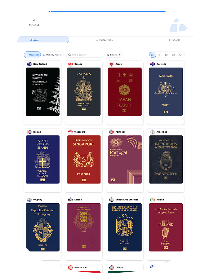 Grid of various international passports including New Zealand, Canada, Japan, Australia, Iceland, Singapore, Portugal, Argentina, Uruguay, Estonia, United Arab Emirates, and Ireland, displayed on a country selection interface.