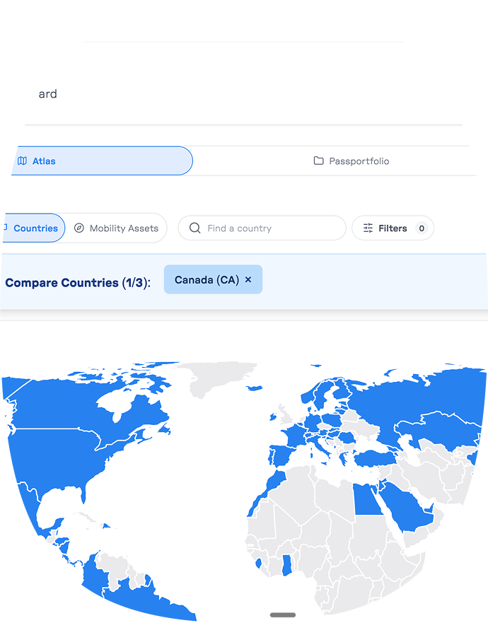 Interactive world map highlighting countries in blue with Canada selected for comparison.