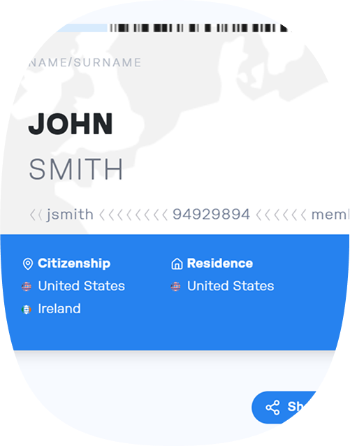 Profile section showing name John Smith with citizenship in United States and Ireland, residence in United States.