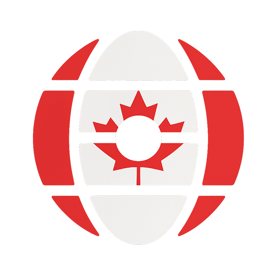 Stylized globe with a segmented red maple leaf and white circle in the center, representing a Canadian symbol.