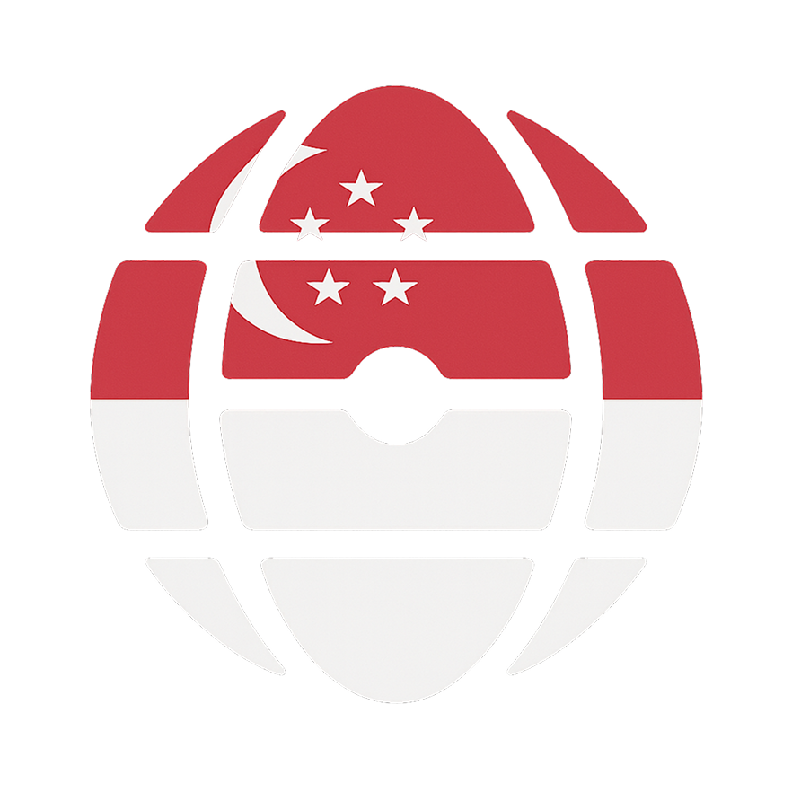 Circle divided into curved segments forming a globe shape with the Singapore flag design inside, featuring a red upper half with a white crescent moon and five stars, and a white lower half.