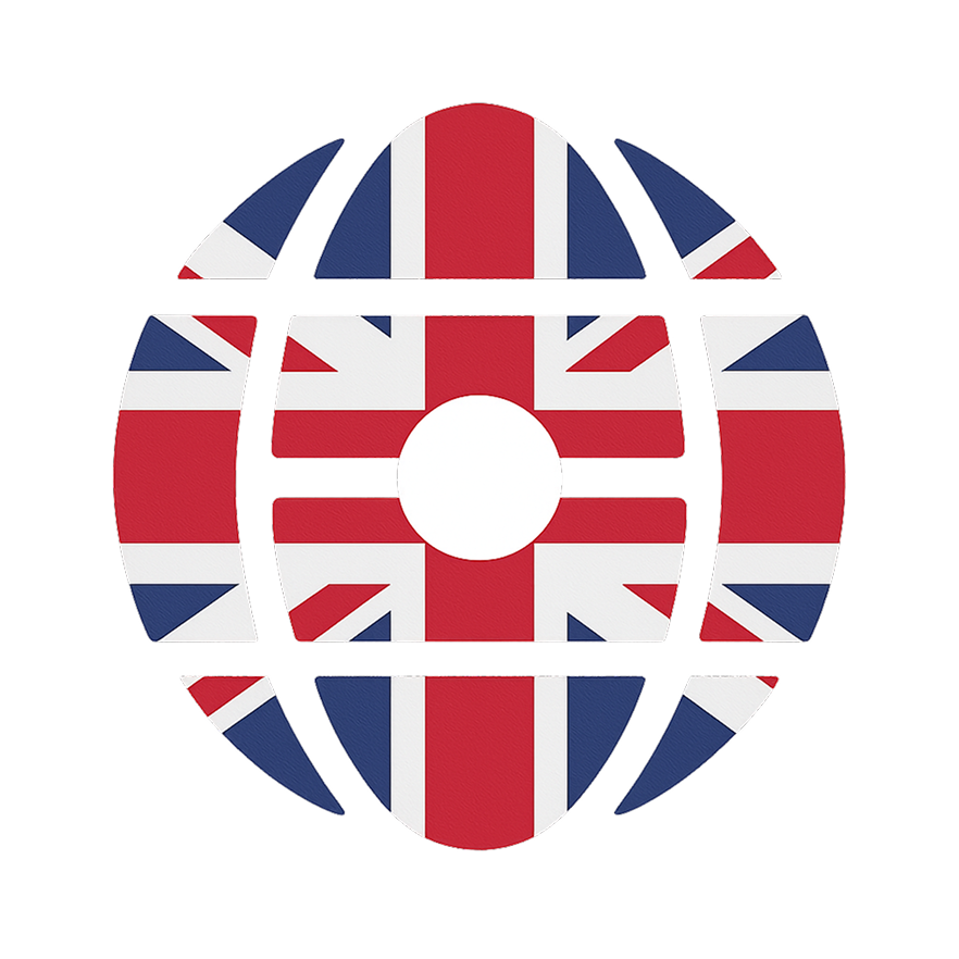 Globe icon segmented into pieces with the Union Jack flag pattern.