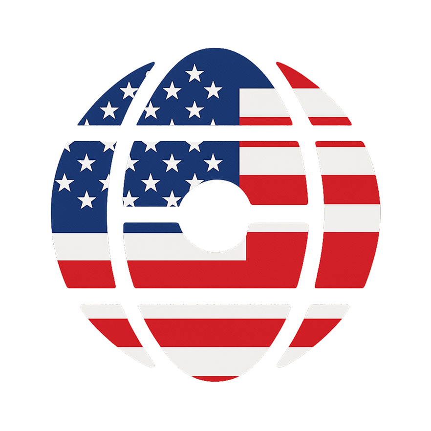 Stylized globe icon filled with the American flag pattern of stars and stripes.