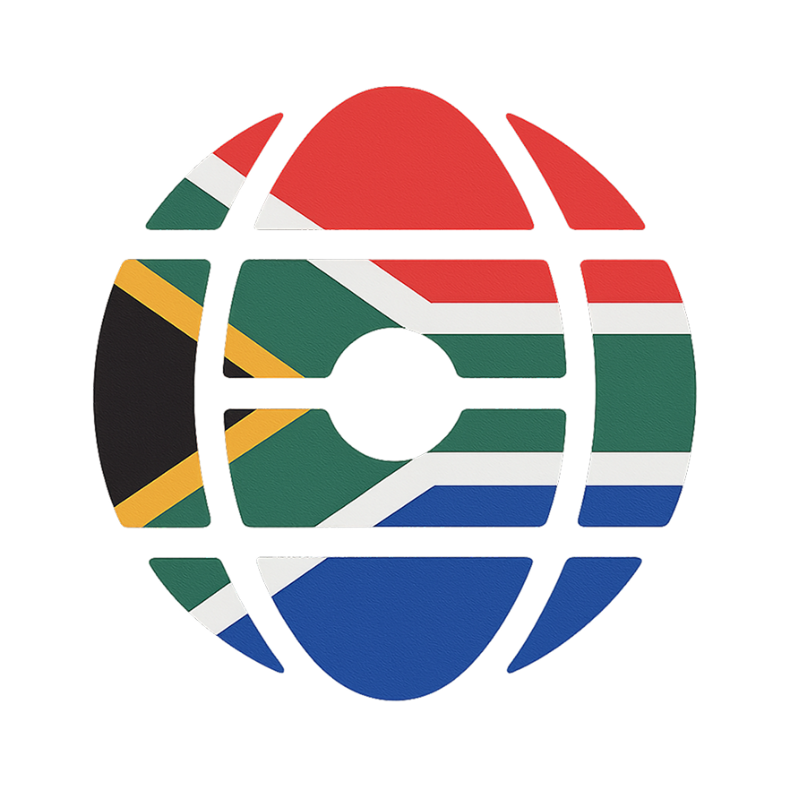 Stylized globe icon featuring sections of the South African flag colors and patterns.