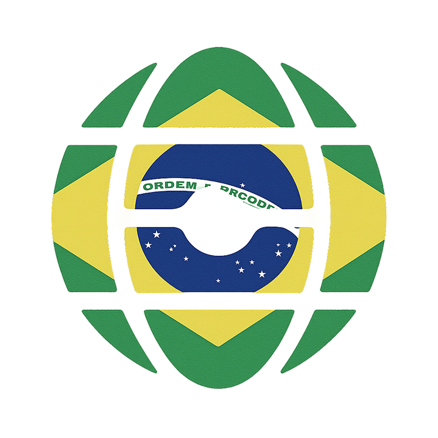 Stylized globe design incorporating the Brazilian flag's green, yellow, and blue with the white banner and stars.