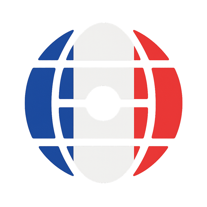 Stylized globe icon with vertical blue, white, and red stripes resembling the French flag.