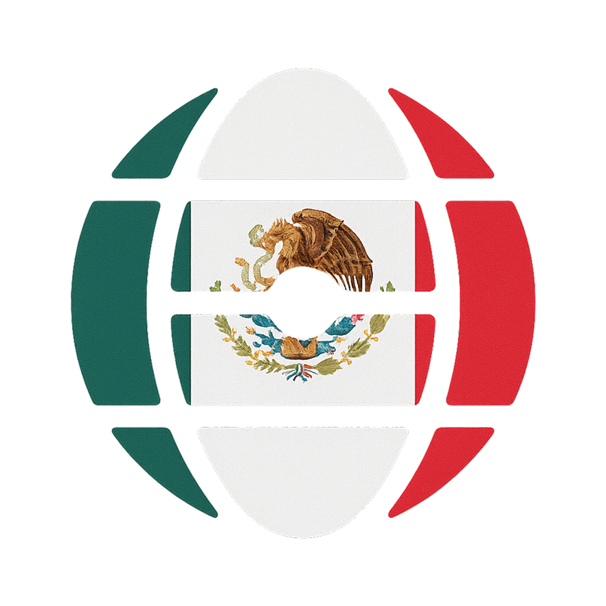 Graphic of a segmented globe with the Mexican flag's green, white, and red vertical stripes and the eagle emblem in the center segments.