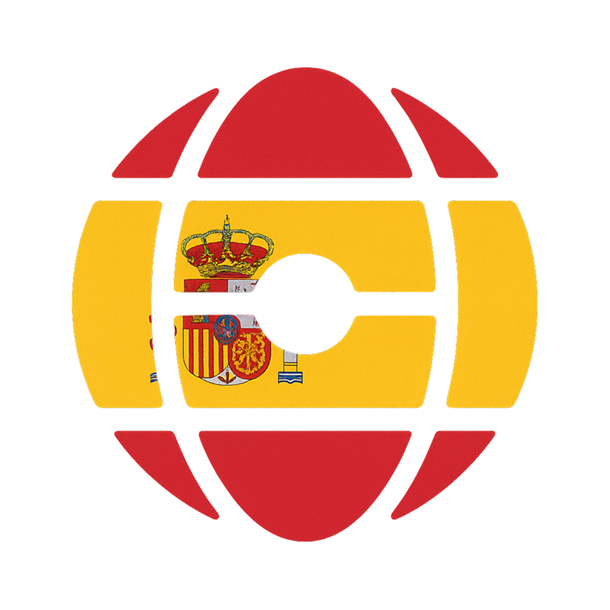 Stylized globe with Spain's flag colors and coat of arms integrated inside circular red and yellow segments.