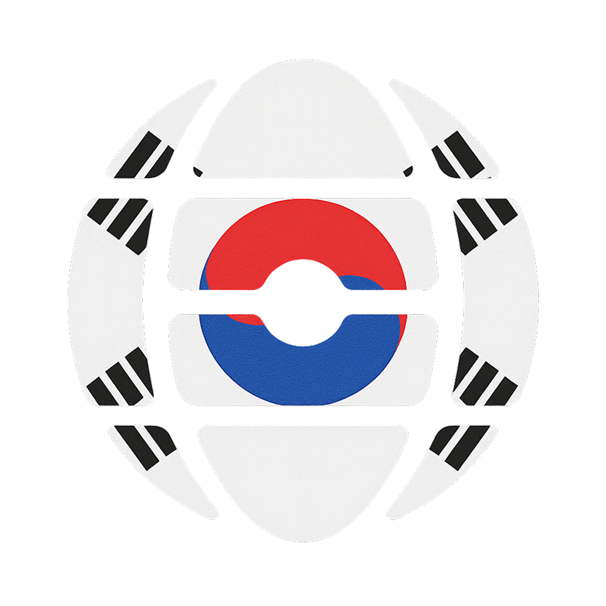 Stylized globe design incorporating elements of the South Korean flag with red and blue Taegeuk symbol and black trigram patterns on white background.