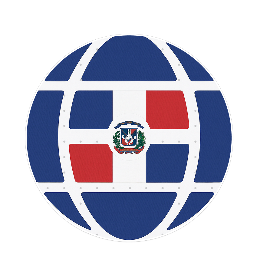 Circular design featuring the Dominican Republic flag pattern with blue, red, and white segments and the national coat of arms in the center.