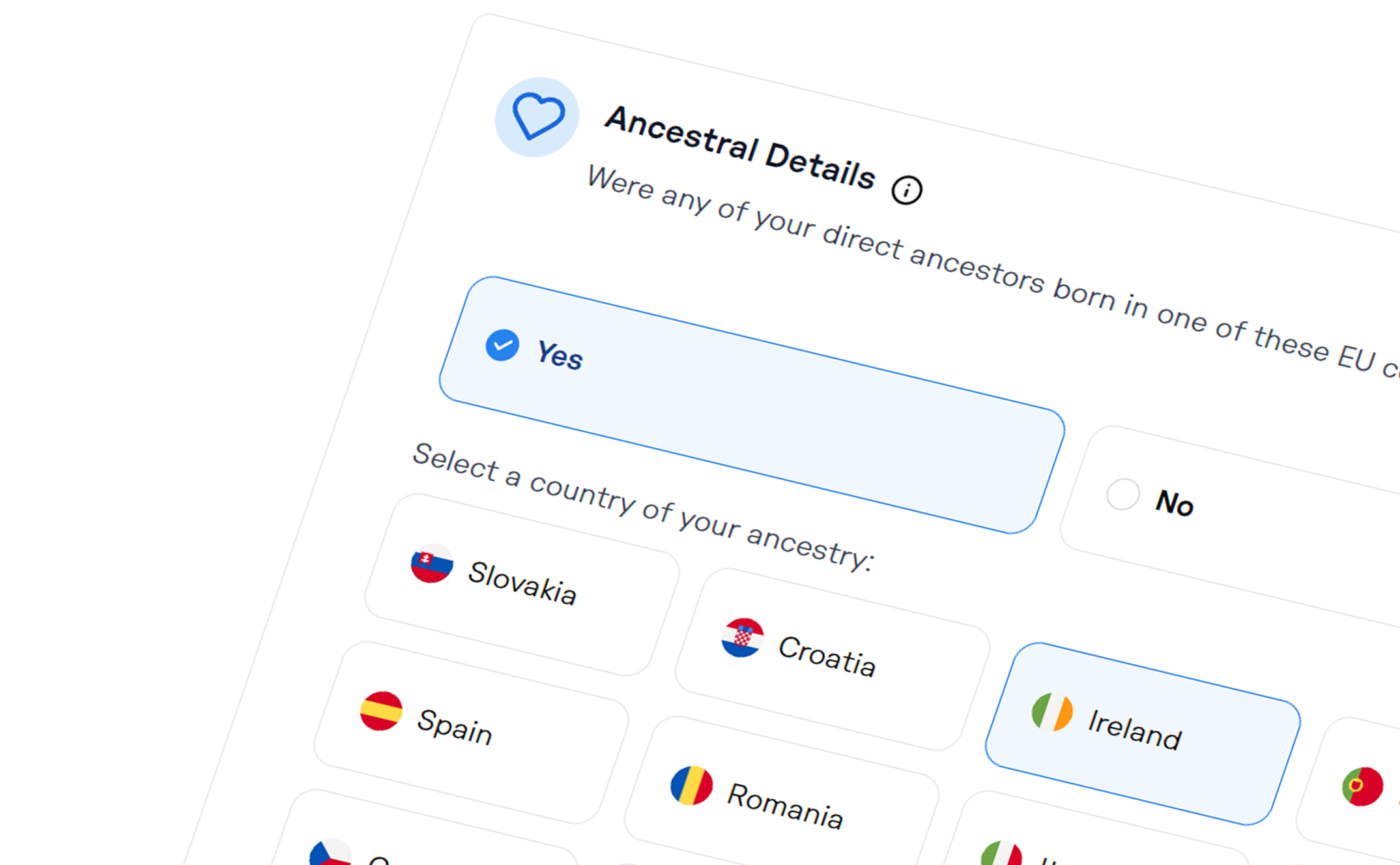 Ancestral Details selection form showing 'Yes' selected and various EU country options including Slovakia, Croatia, Spain, Romania, and Ireland highlighted.
