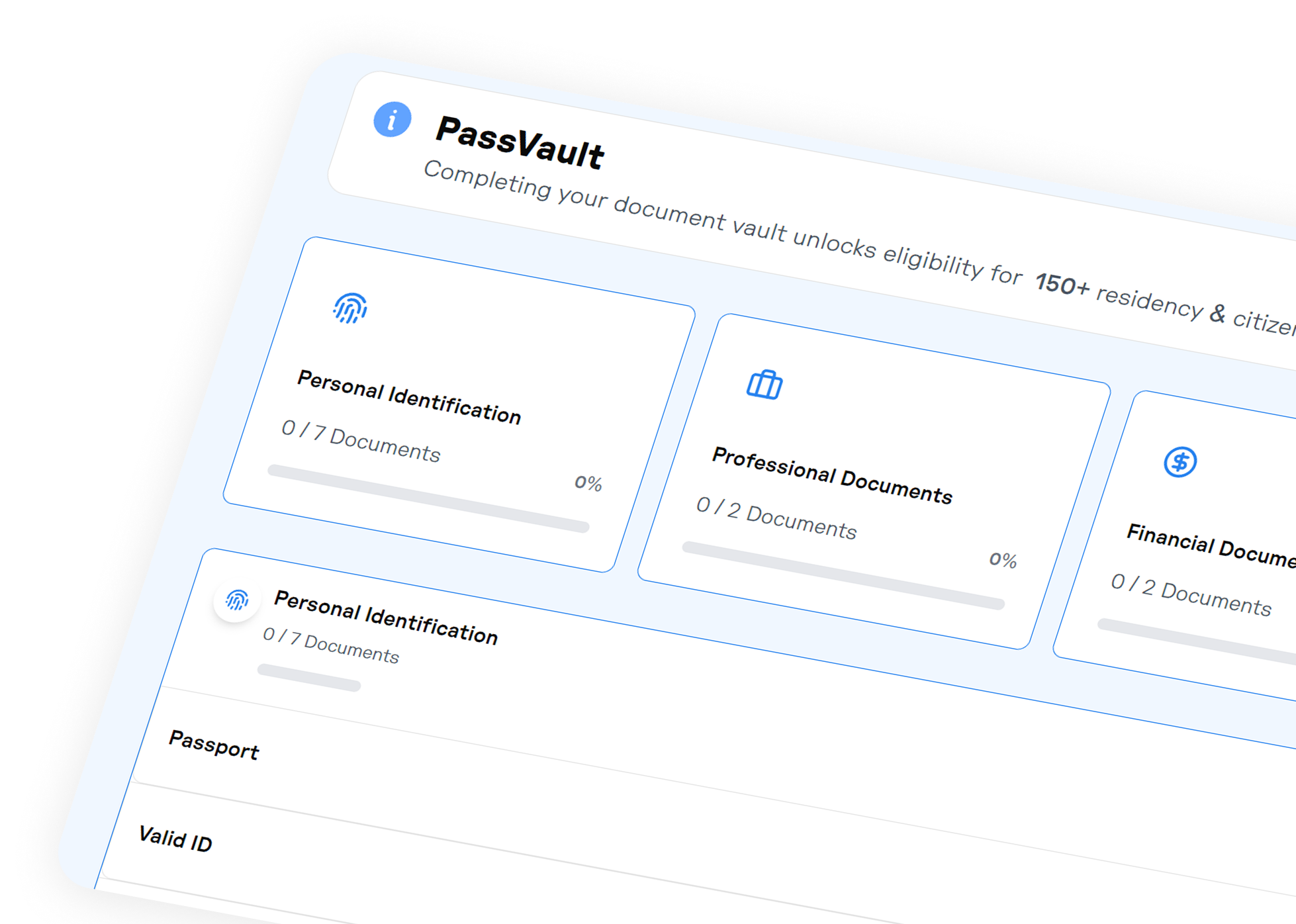 PassVault interface showing progress on document categories: Personal Identification 0/7, Professional Documents 0/2, Financial Documents 0/2, with listed items Passport and Valid ID.