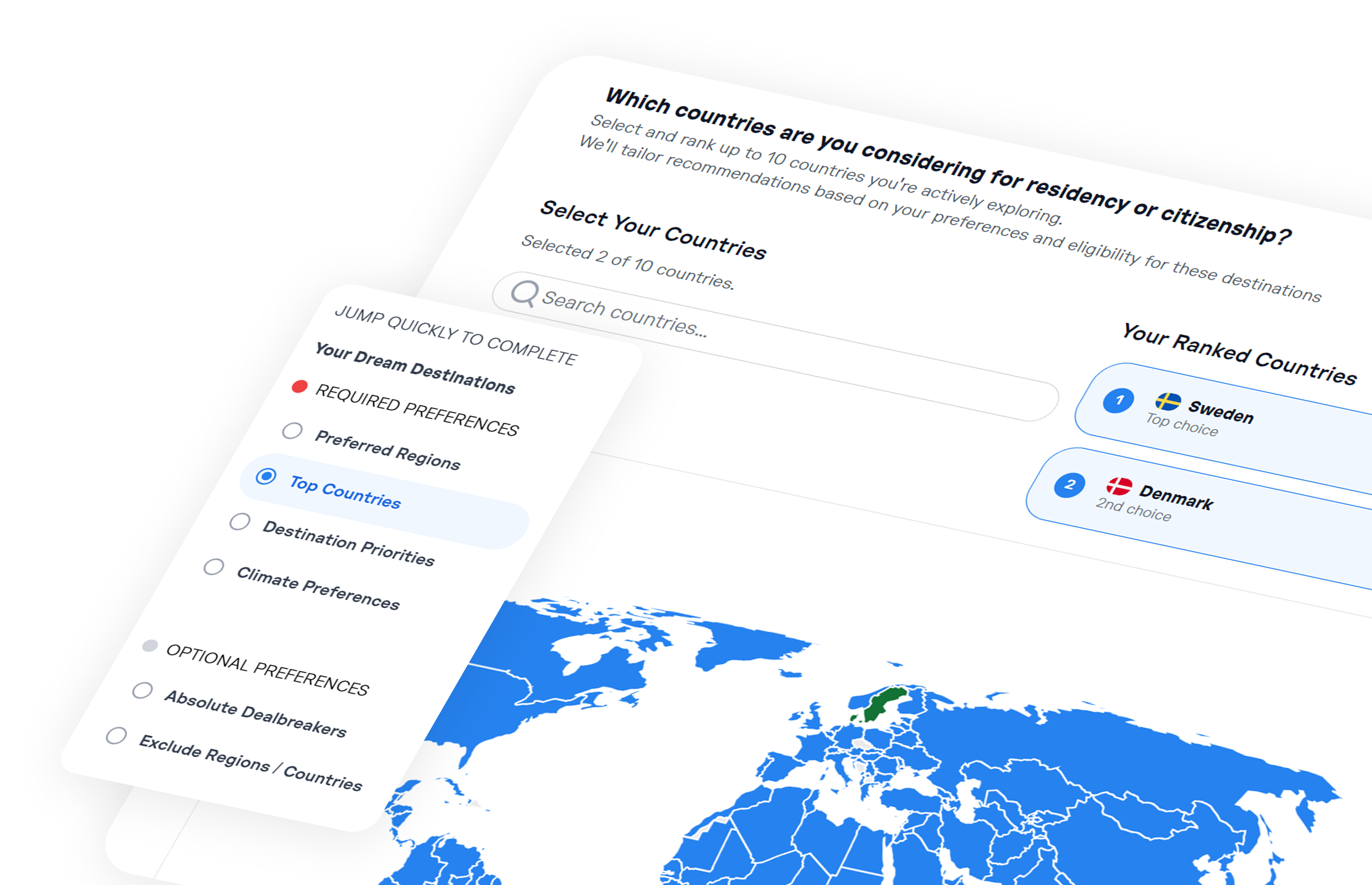 Interactive webpage showing country selection for residency or citizenship with Sweden and Denmark ranked as top choices and a blue-highlighted world map.