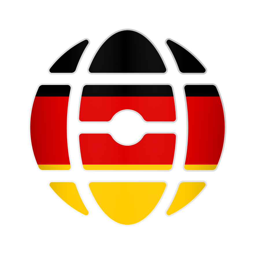 Abstract globe icon with segments in the colors of the German flag: black, red, and gold.