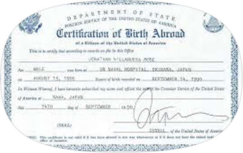Certification of Birth Abroad document from the Department of State for a male born at St. Mary's Hospital in Japan on August 23, 1955.