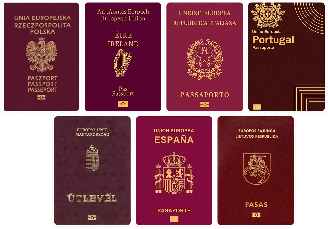 Seven European Union passports from Poland, Ireland, Italy, Portugal, Hungary, Spain, and Lithuania with respective national crests on burgundy covers.
