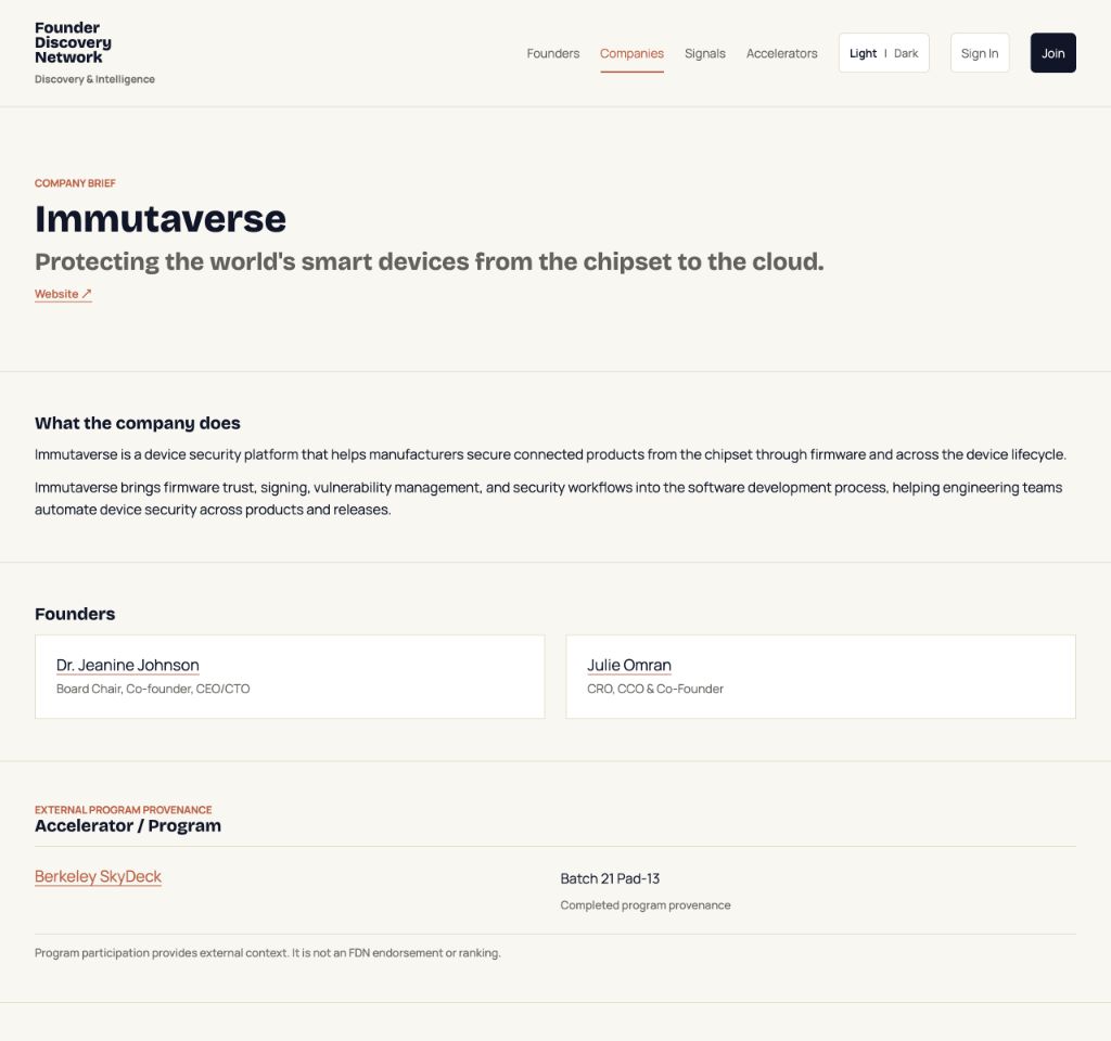 The published Immutaverse Company Brief on Founder Discovery Network, showing its founders and accelerator provenance