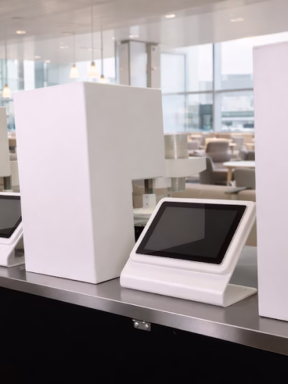Modern white self-service kiosk with a touchscreen on a metal counter in a bright office environment.