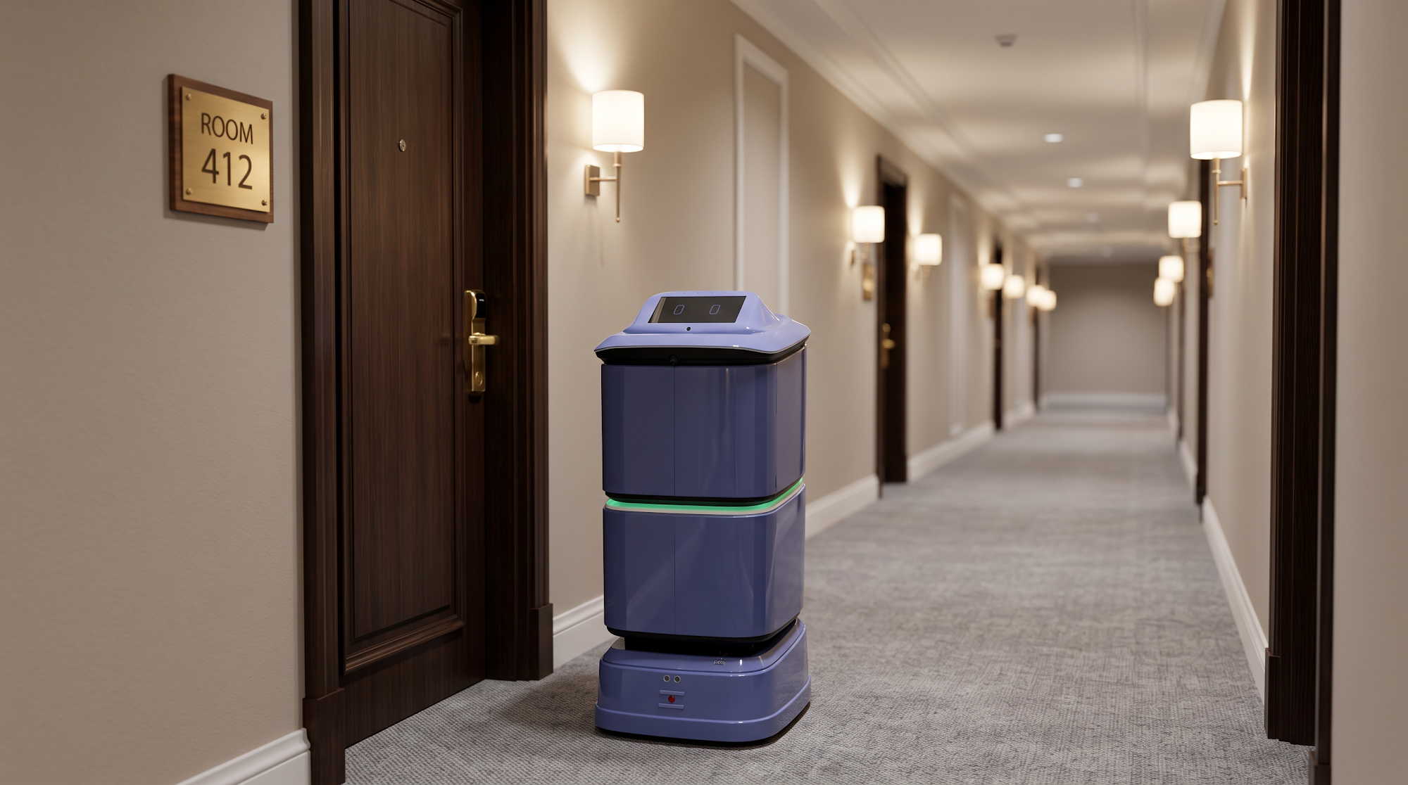 RUN-R room service robot navigating a hotel hallway toward a guest room