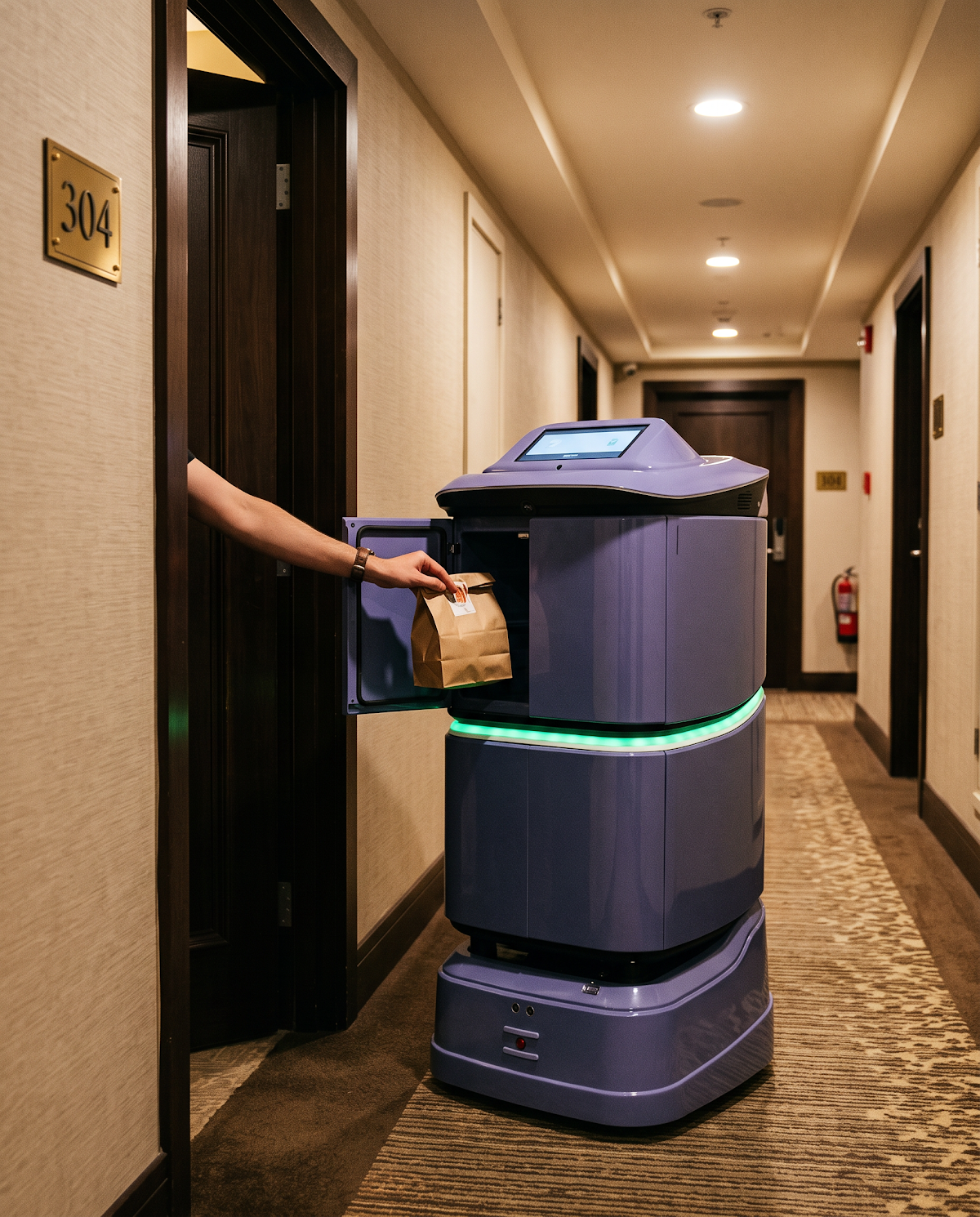 RUN-R autonomous room service delivery robot handing a guest order at a hotel room door