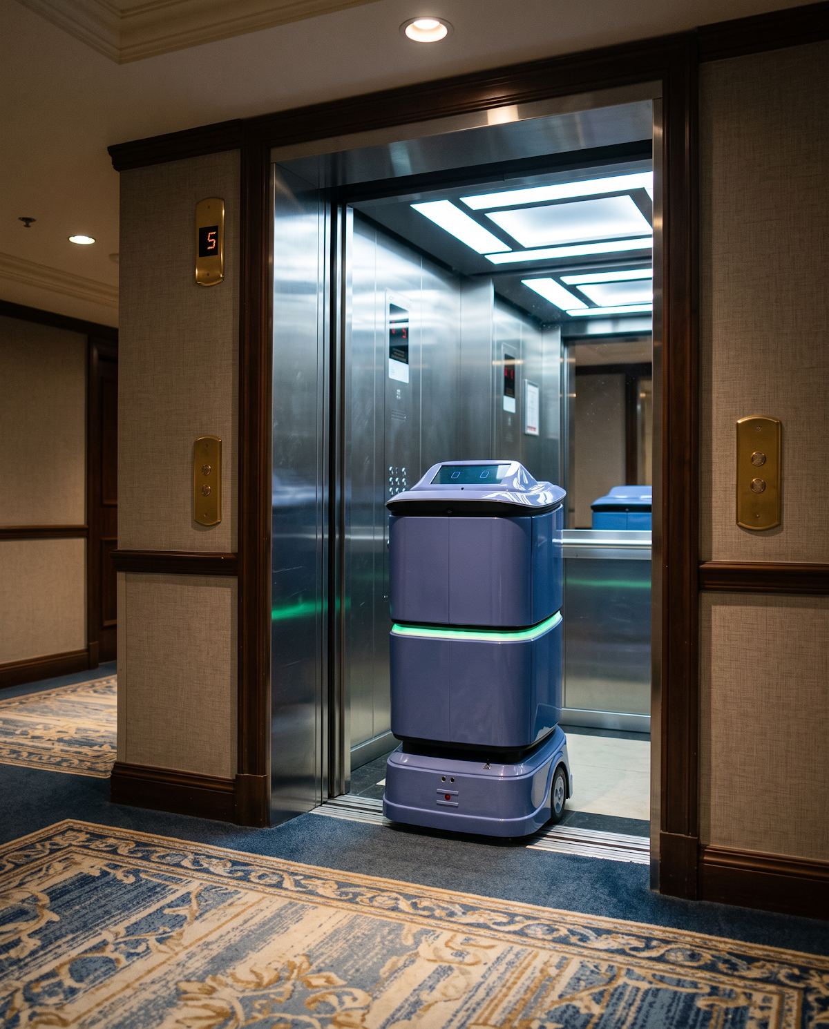 RUN-R delivery robot using elevator integration to travel between hotel floors