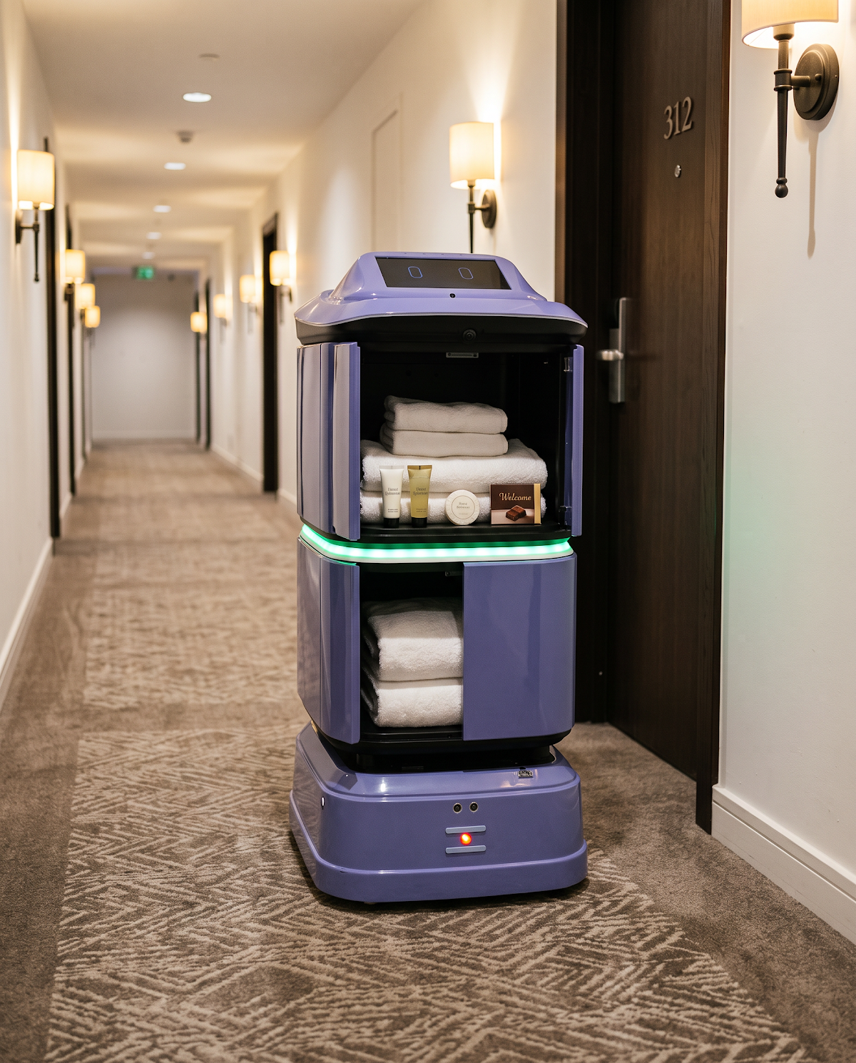 RUN-R robot delivering guest amenities to a hotel room