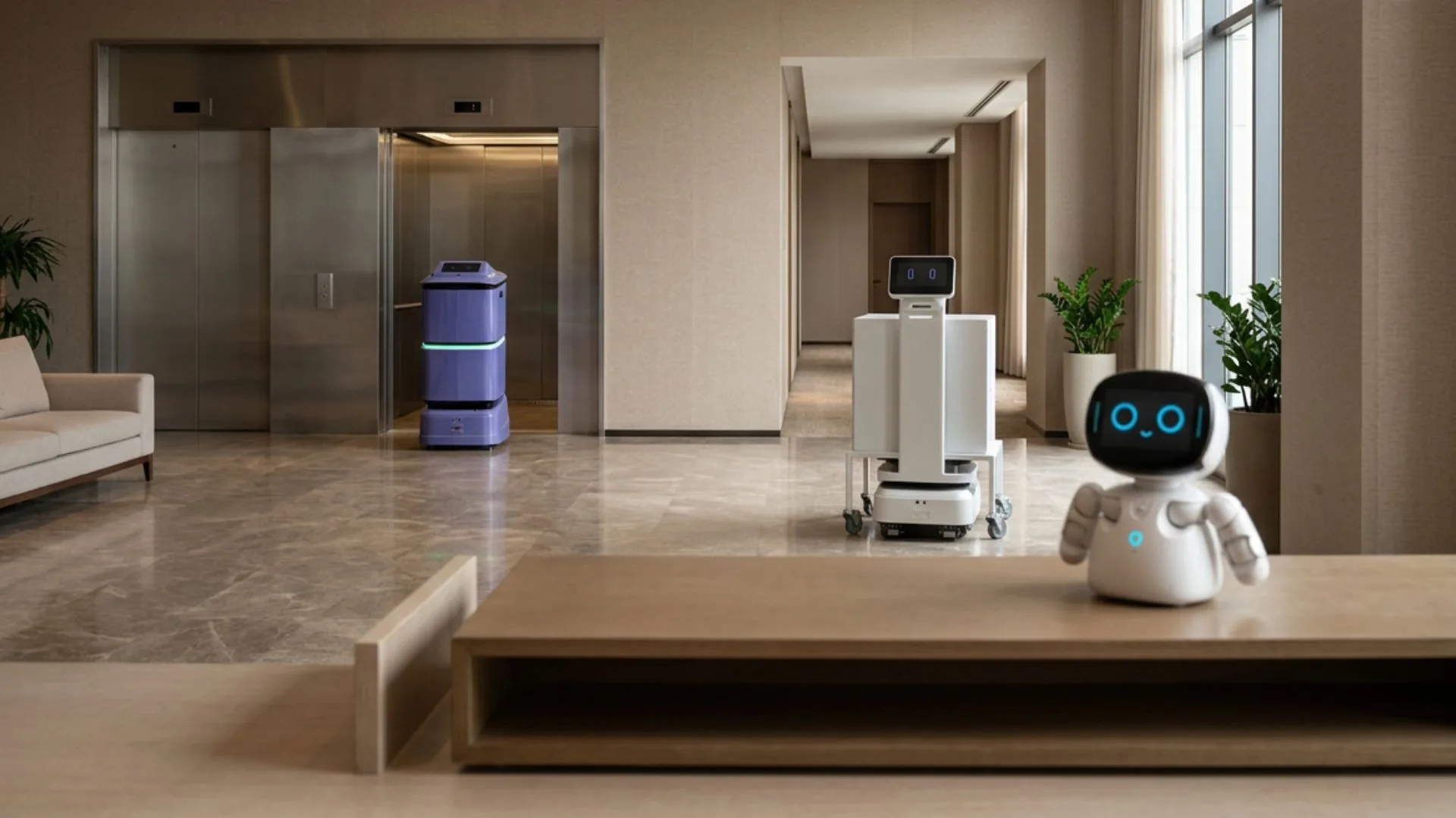 Hotel lobby with consistent connected robot operations