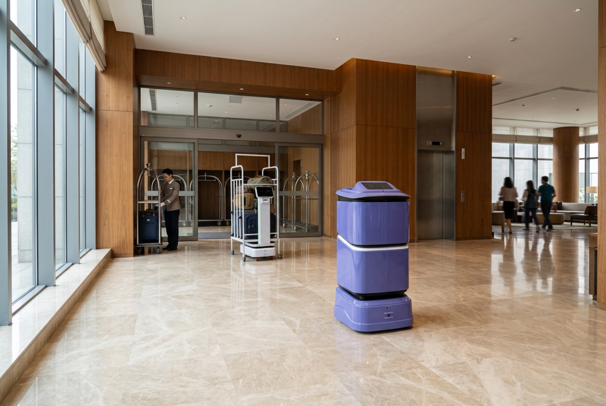 Hotel staff and autonomous robots supporting daily hotel operations