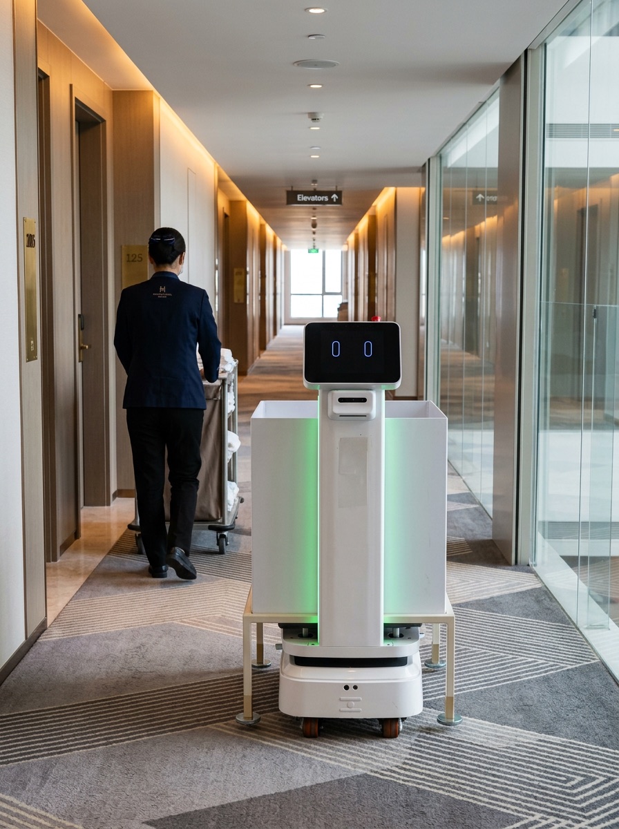 TIM-E autonomous robot transporting materials in a commercial facility to support staff