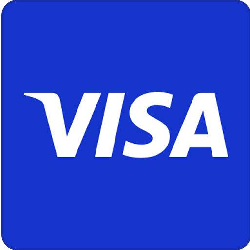Visa logo in white text on a blue rounded square background.